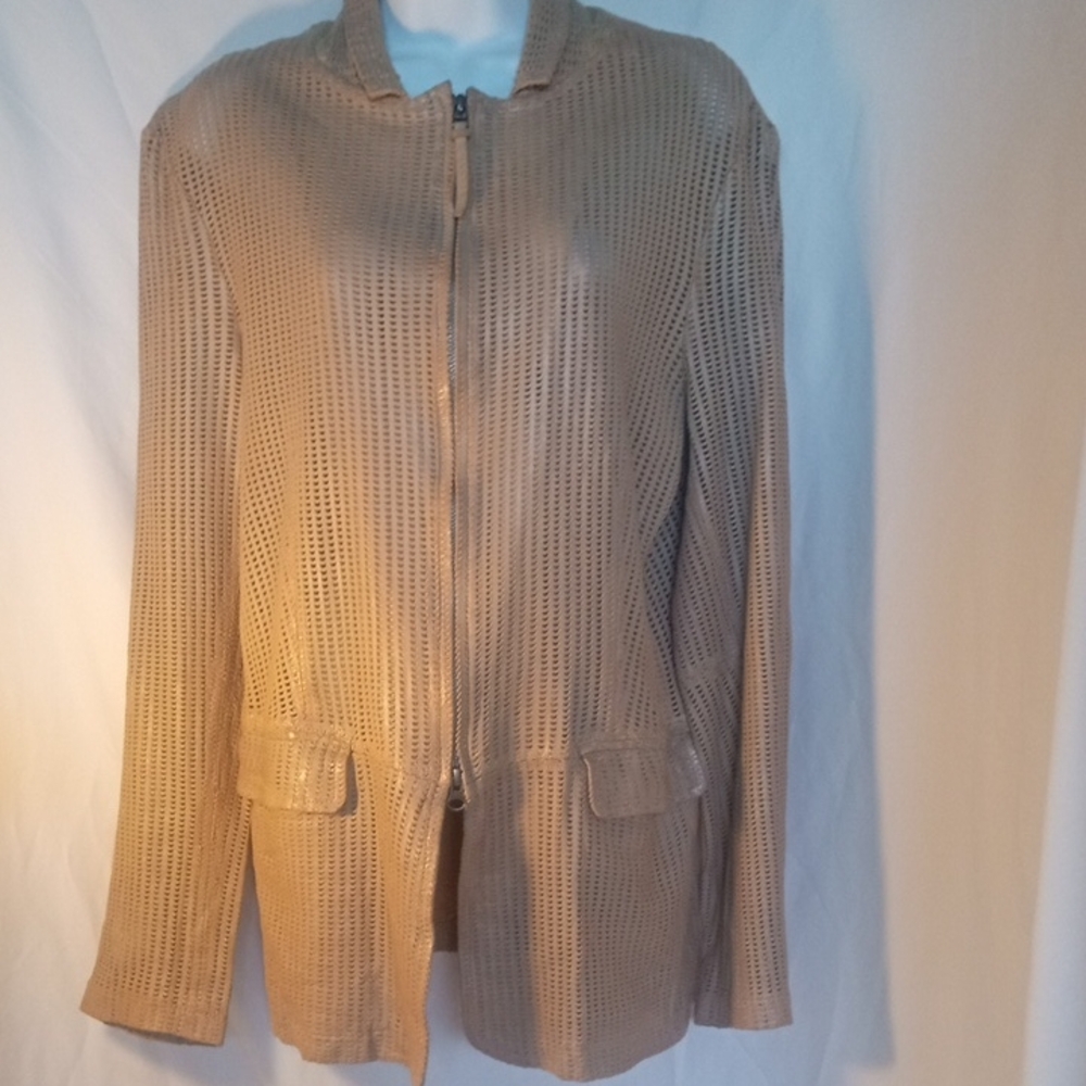 Bano eeMee Women's Tan Cut-Away Leather Jacket Coat, Size Medium